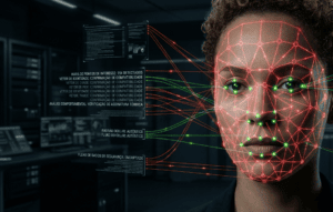 Rosto parcialmente iluminado por feixes de luz em forma de cruz, representando análise facial por biometria comportamental em um ambiente escuro e controlado.