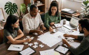 Quatro pessoas colaboram montando peças de um grande quebra-cabeça branco sobre uma mesa de madeira escura, representando a validação de uma solução para um problema específico.