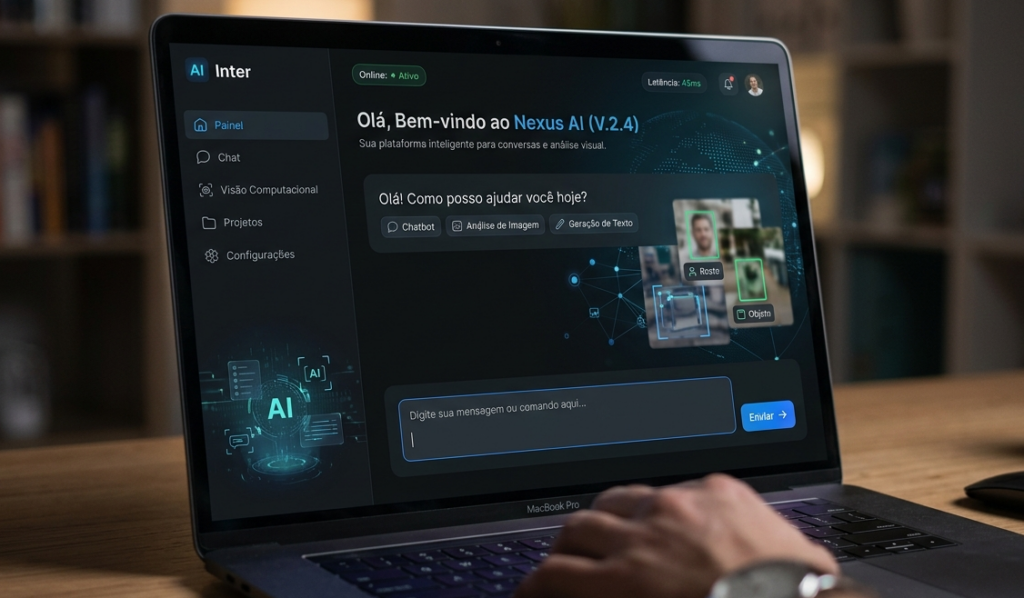 Interface de inteligência artificial exibida em tela escura, com mensagem de boas-vindas e campo de entrada de texto, representando aplicações de IA como chatbots e visão computacional.