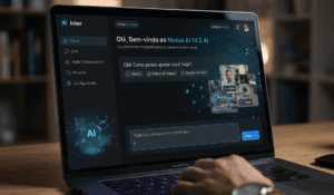 Interface de inteligência artificial exibida em tela escura, com mensagem de boas-vindas e campo de entrada de texto, representando aplicações de IA como chatbots e visão computacional.