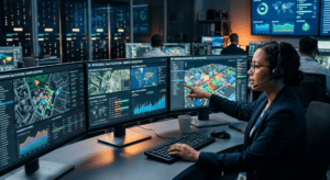 Profissional operando múltiplos monitores com sistemas e dados geográficos em ambiente tecnológico, representando o modelo Everything as a Service (XaaS) aplicado a operações remotas e inteligentes.