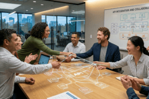Equipe de negócios reunida em mesa de madeira cumprimentando-se, representando integração e colaboração, conceito essencial para o funcionamento de APIs entre sistemas.
