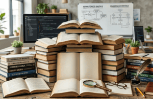 Livros empilhados e abertos representando a organização, o armazenamento seguro de informações e a colaboração contínua em repositórios de código e projetos digitais.