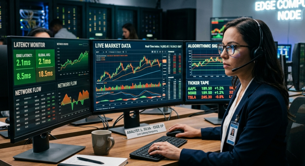 Profissional analisa dados em tempo real com gráficos de mercado em tela, representando o uso de edge computing para processar informações com baixa latência.