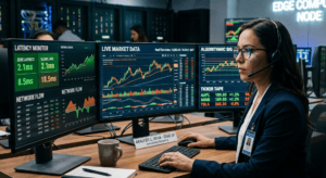 Profissional analisa dados em tempo real com gráficos de mercado em tela, representando o uso de edge computing para processar informações com baixa latência.