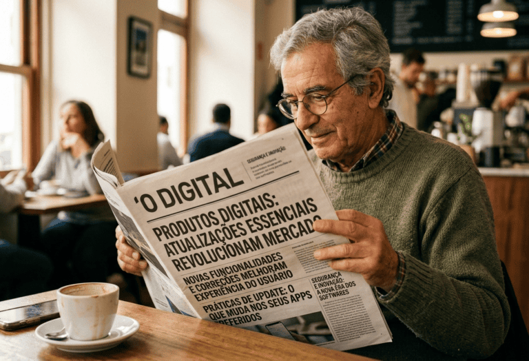 Pessoa lendo jornal com manchetes visíveis, simbolizando a comunicação de atualizações e novidades em produtos digitais, como nas práticas de update.