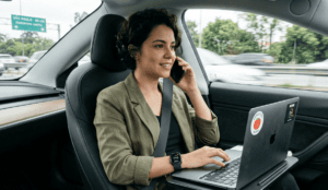 Pessoa concentrada com notebook no colo enquanto fala ao telefone dentro de um carro, simbolizando produtividade em movimento e gerenciamento de tempo com o método Pomodoro.