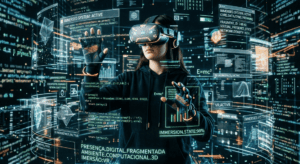 Pessoa com múltiplas sobreposições visuais e códigos digitais ao fundo, simbolizando imersão em Realidade Virtual, presença digital fragmentada e ambiente computacional tridimensional.