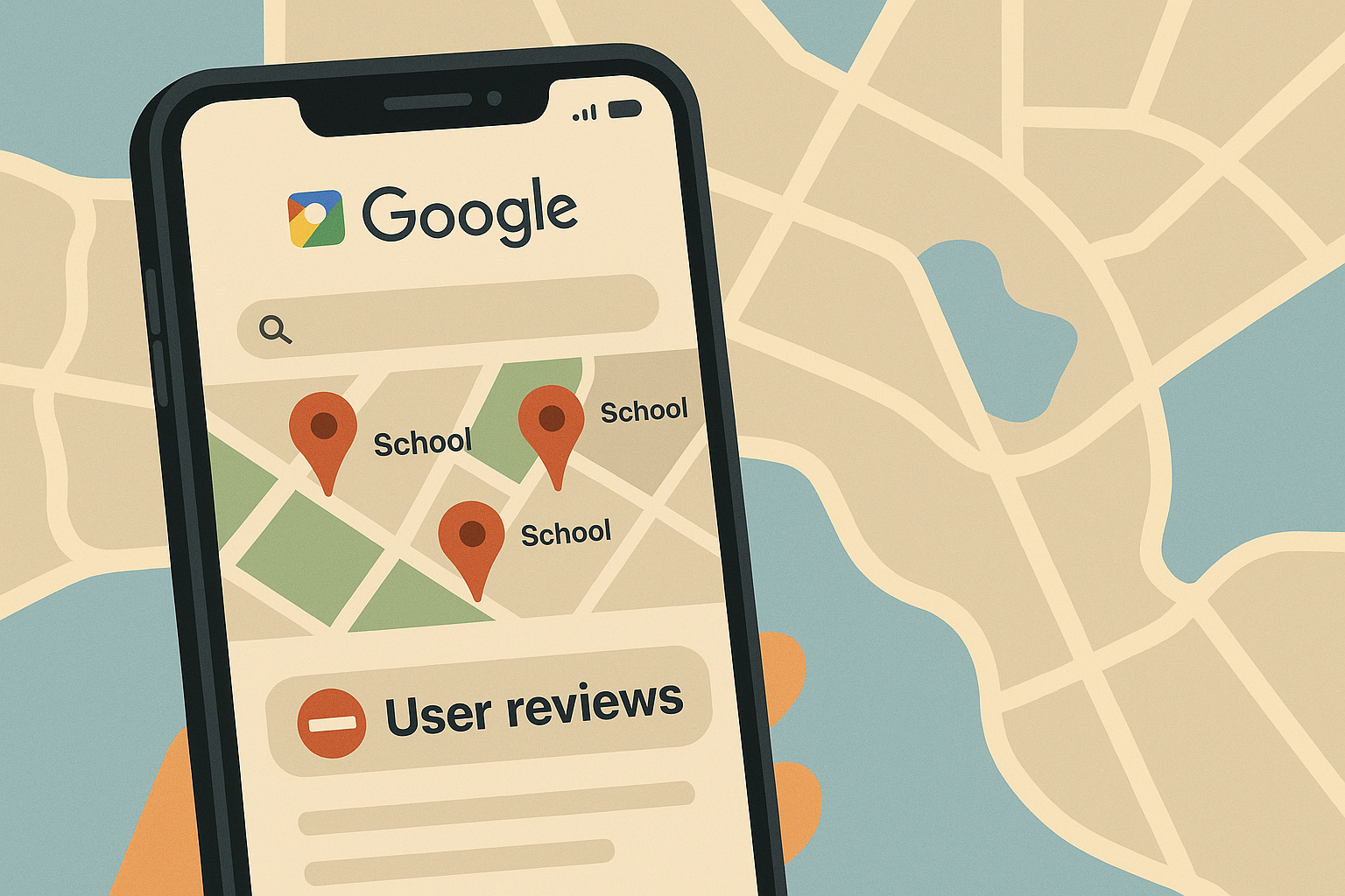 Ilustração mostra a tela de um smartphone com o Google Maps aberto, exibindo vários marcadores de “School” em um mapa e um aviso de “User reviews” com ícone de proibição, simbolizando a remoção das avaliações de usuários nas páginas de escolas.