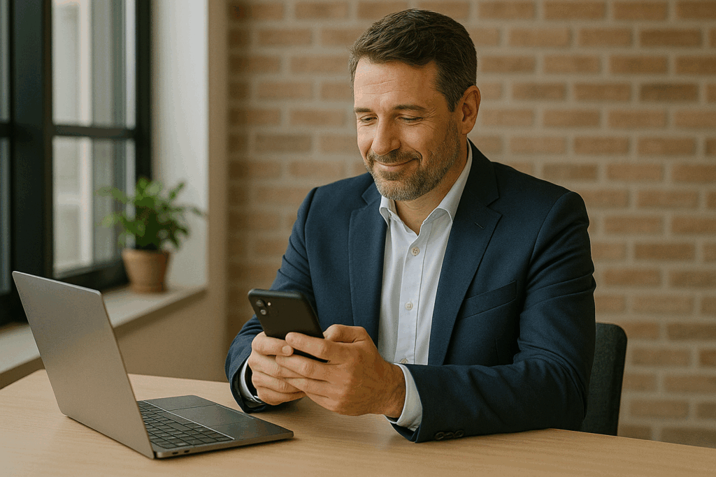 Homem de negócios usando o celular ao lado de um notebook, representando a importância de agir agora diante da mudança no formato do CNPJ.