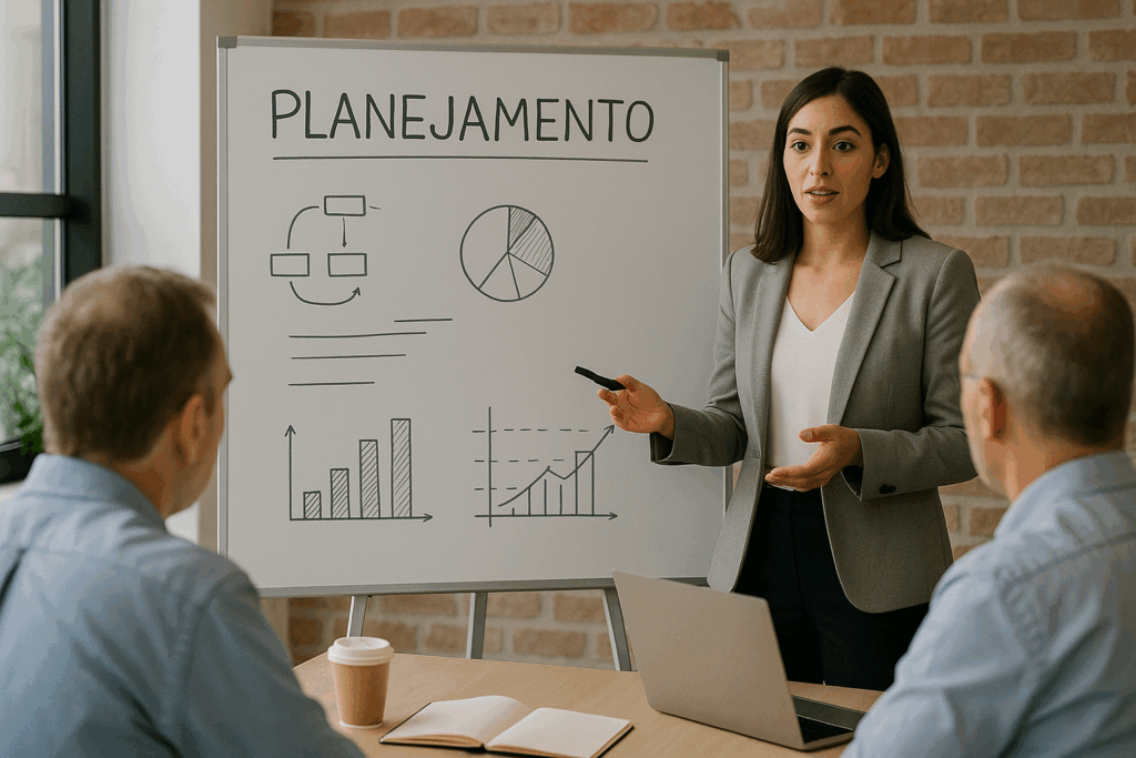 Profissional apresentando estratégias de planejamento em uma reunião, com gráficos e fluxos no quadro, discutindo a adaptação da empresa à mudança no formato do CNPJ.
