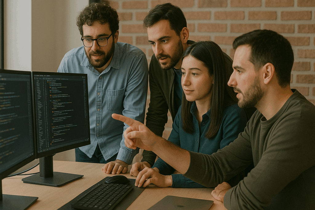 Equipe de profissionais de tecnologia avaliando código em monitores, simbolizando o planejamento técnico necessário para migrar do SAP ECC para o SAP S/4HANA.