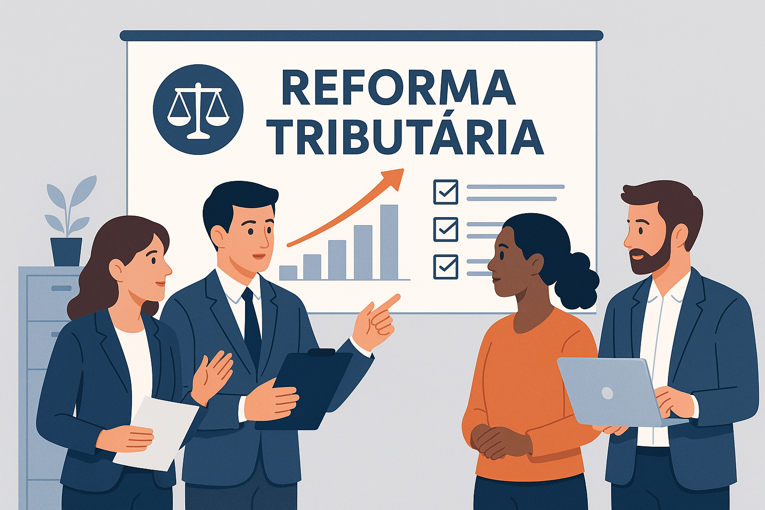Homem e mulher analisando documentos fiscais e utilizando calculadora e notebook, refletindo sobre os impactos da reforma tributária nas finanças.
