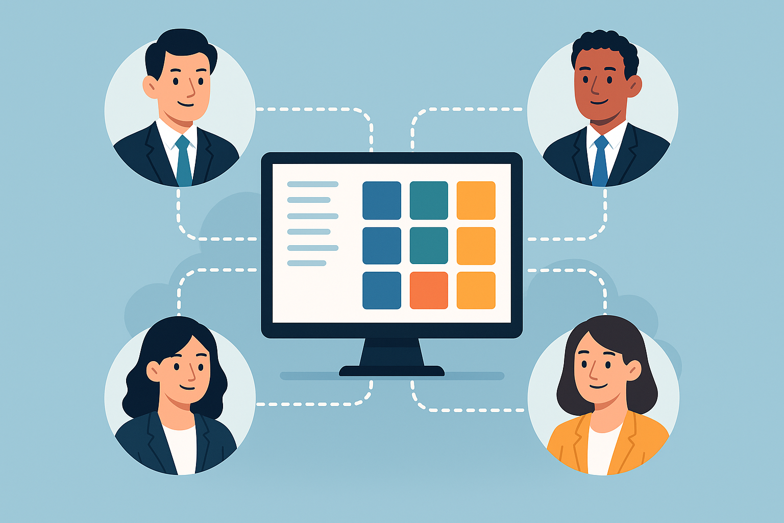 Ilustração de profissionais conectados a um sistema digital de gestão, representando a adaptação necessária de ERPs e CRMs às mudanças da reforma tributária.