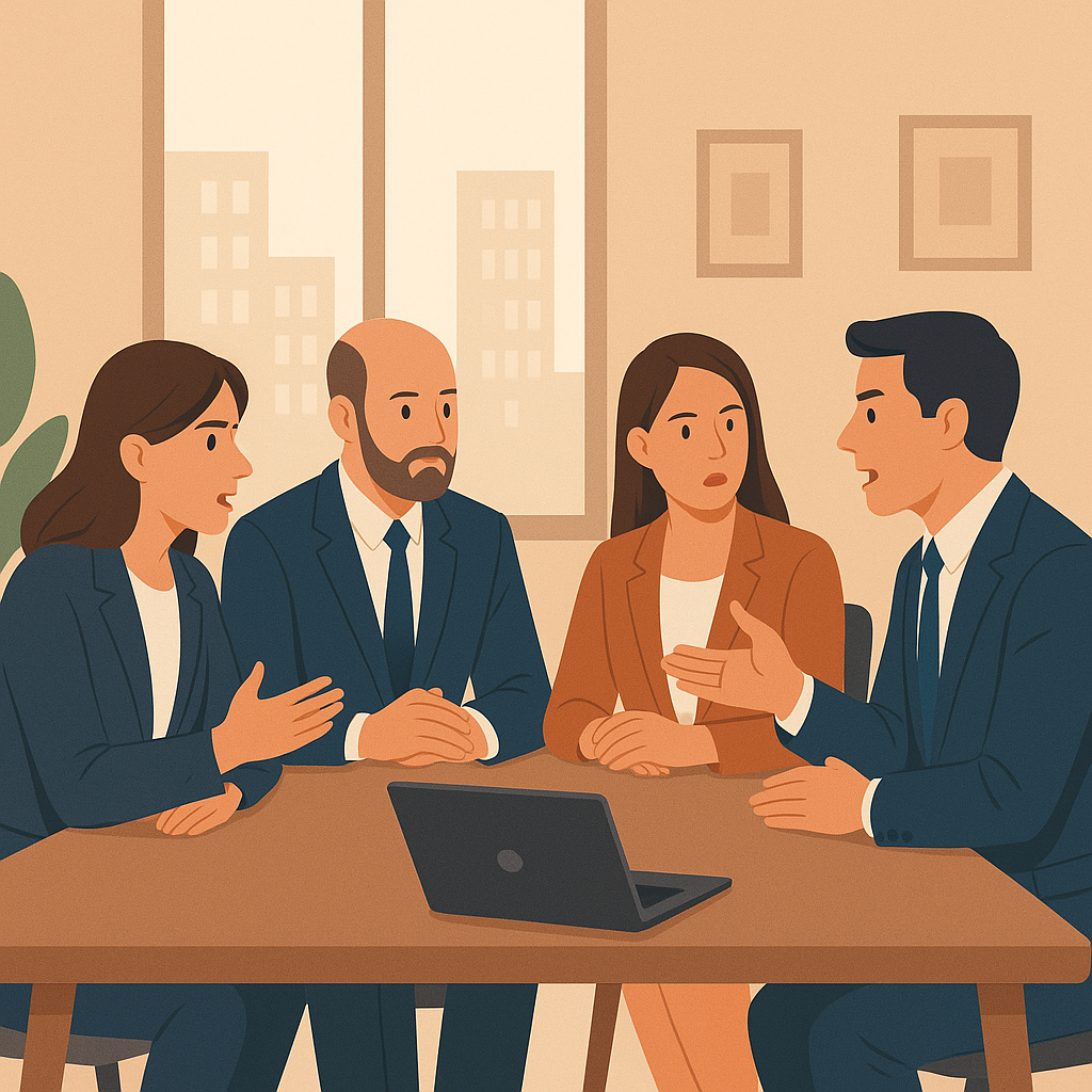 Executivos reunidos em uma mesa discutindo estratégias empresariais com notebook aberto, analisando os impactos da reforma tributária no planejamento corporativo.