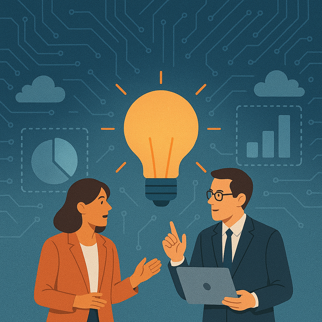 Ilustração de dois profissionais debatendo soluções digitais sob uma lâmpada acesa, com ícones de dados e nuvem ao fundo, representando a nova era dos dados e o impacto da mudança no CNPJ.