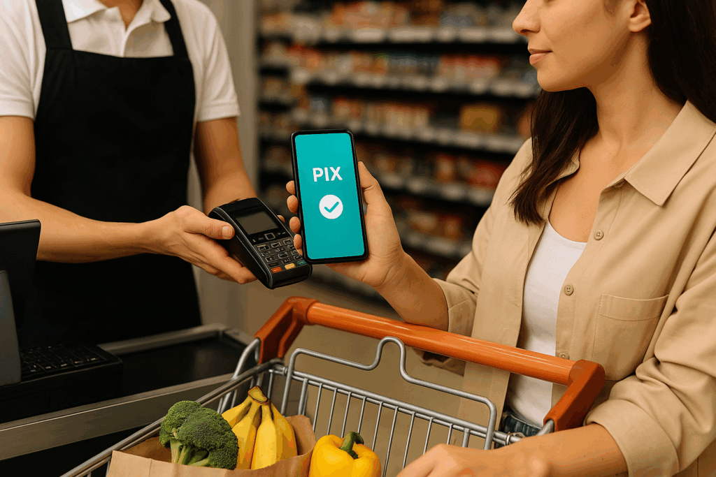 Cliente realiza pagamento com PIX usando o celular em um supermercado em Portugal, aproximando o aparelho de uma maquininha de cartão, com produtos frescos no carrinho de compras.