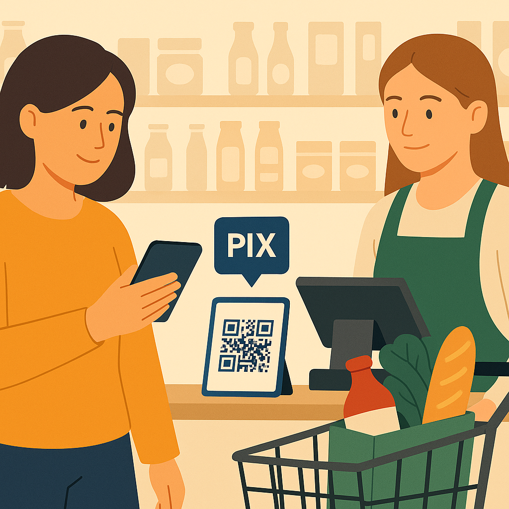 Ilustração de cliente realizando pagamento via PIX com celular em supermercado, escaneando QR Code no caixa com produtos na cesta.