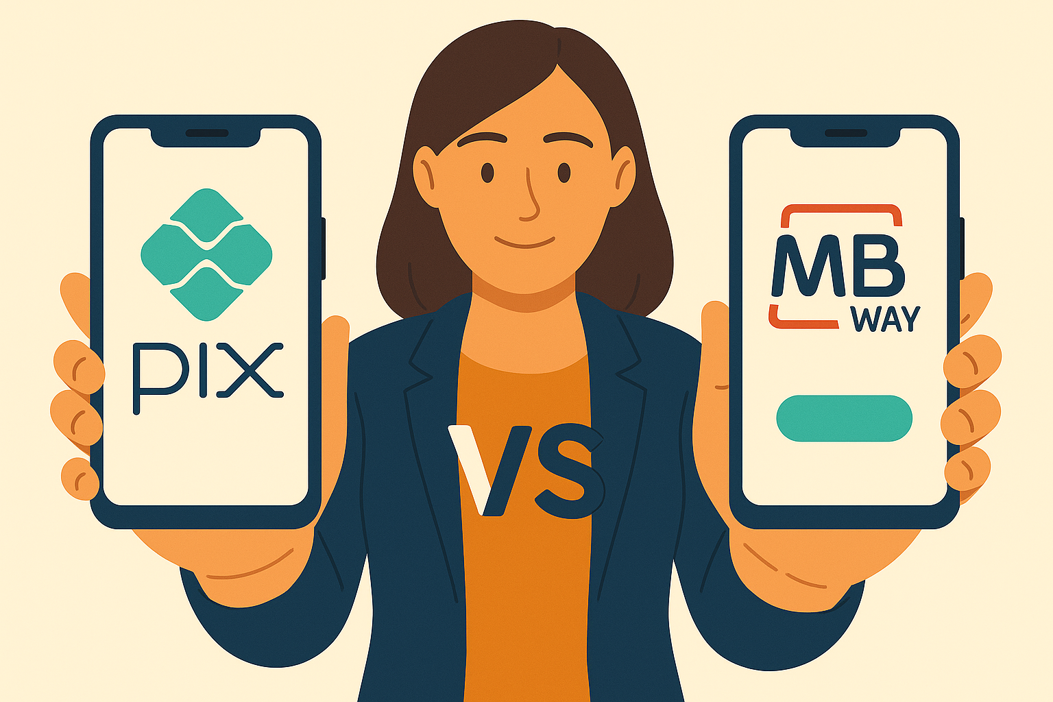 Mulher segura dois smartphones, um com o logotipo do PIX e outro com o do MB Way, simbolizando a comparação entre os dois sistemas de pagamento digital.