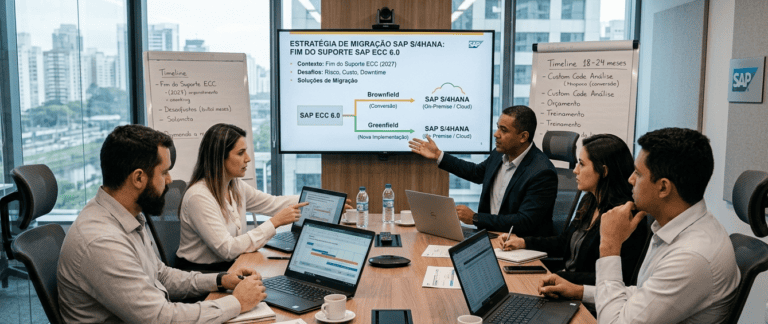 Reunião corporativa com equipe de TI analisando soluções para migração do SAP tradicional para SAP S/4HANA, diante do fim do suporte.