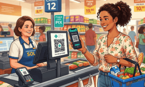 Ilustração de cliente realizando pagamento via PIX com celular em supermercado, escaneando QR Code no caixa com produtos na cesta.