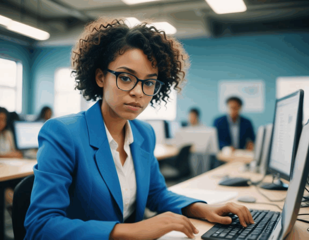 Profissional focada usando computador em escritório moderno, representando a urgência de migrar do SAP ECC para o SAP S/4HANA antes do fim do suporte.