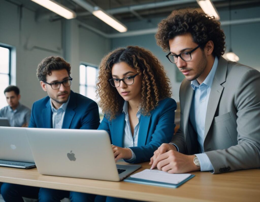 Grupo de profissionais analisando dados em notebooks, representando o processo estratégico de migração inevitável do SAP ECC para o SAP S/4HANA.