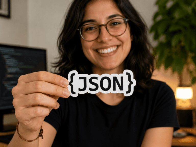 Pessoa segurando adesivo com a palavra JSON entre chaves, simbolizando a popular notação de objetos usada para troca de dados na web.