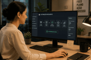 Pessoa utilizando mouse ao lado de um monitor de computador, simbolizando o uso de automação inteligente para otimizar tarefas digitais no ambiente corporativo.