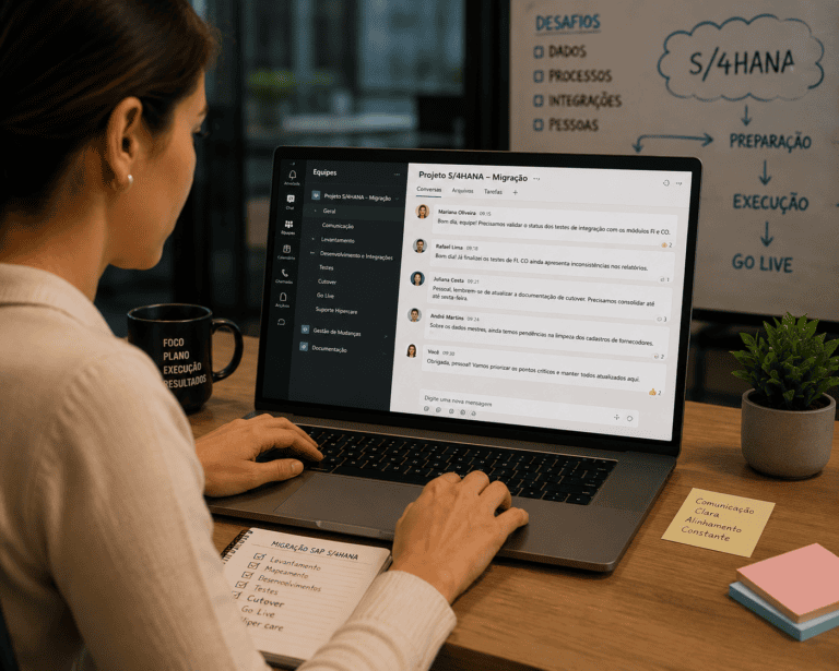 Pessoa usando notebook com ambiente de mensagens corporativas aberto, simbolizando a complexidade da comunicação durante projetos de migração para o SAP S/4HANA.
