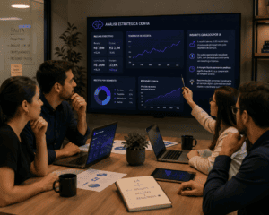 Equipe analisa dados com inteligência artificial em reunião estratégica.