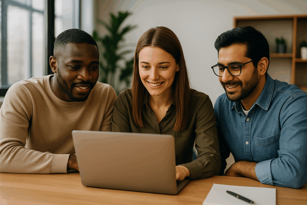 Três colegas — dois homens e uma mulher — estão sorrindo e atentos enquanto olham para a tela de um notebook, compartilhando juntos uma experiência digital positiva, como uma conversa com um assistente de inteligência artificial.