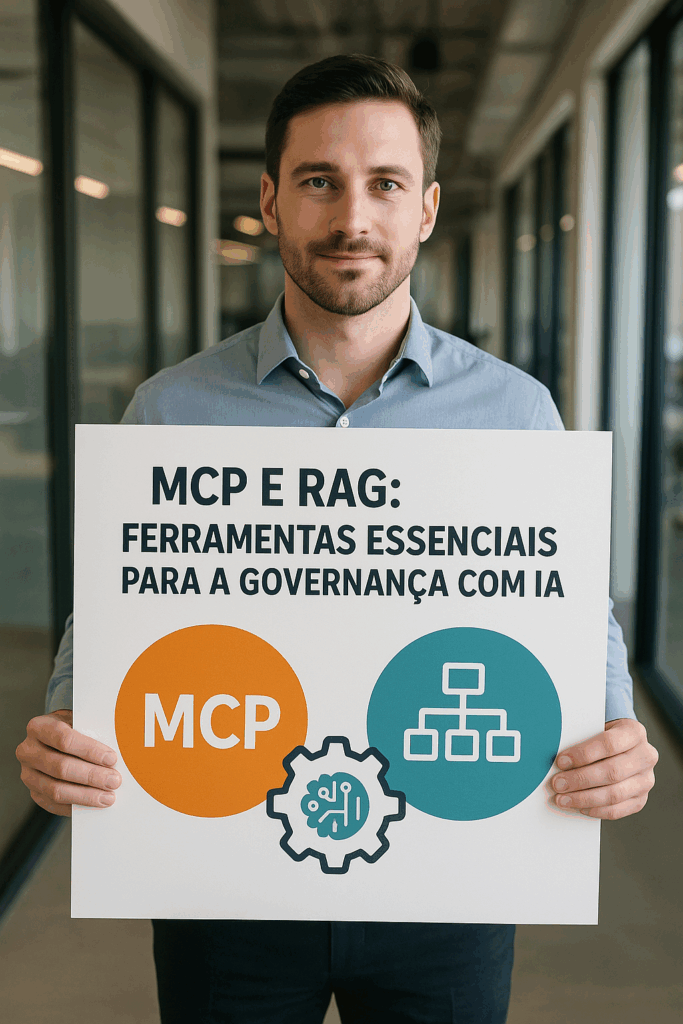 Homem segura cartaz com os dizeres MCP e RAG: Ferramentas essenciais para a governança com IA, ilustrando conceitos de tecnologia e governança com inteligência artificial.