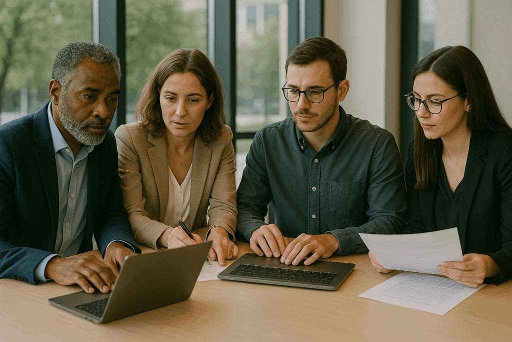 Equipe executiva discute estratégias de governança com MCP e RAG aplicadas à inteligência artificial corporativa.
