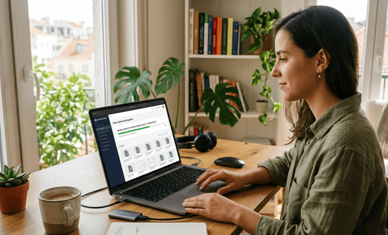 Pessoa realizando upload de conteúdo digital em um notebook, com interface de plataforma aberta na tela e ambiente propício ao trabalho remoto.