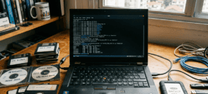 Computador portátil com interface de terminal, disquetes, CDs e cabos, representando métodos antigos e atuais de backup e armazenamento de dados.