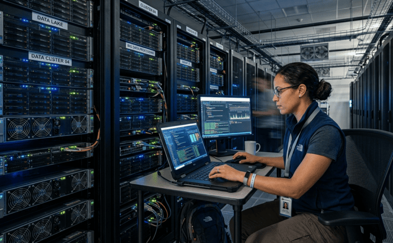 Profissional operando um notebook diante de servidores em data center, representando o trabalho com Big Data e infraestrutura de análise de dados em larga escala.