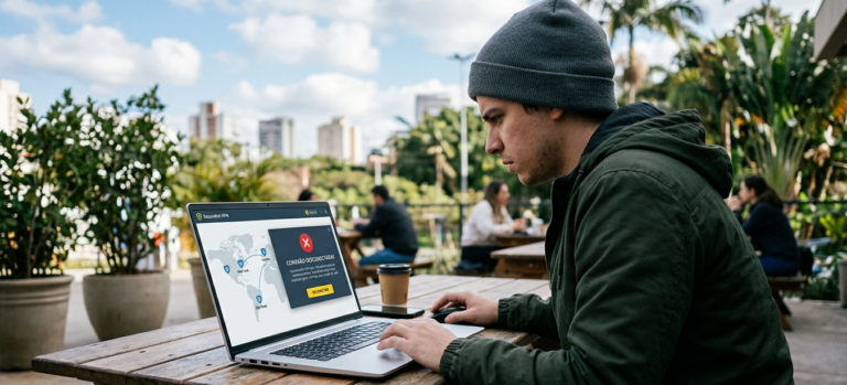 Pessoa usando laptop ao ar livre com interface de conexão VPN aberta, exibindo mapa de servidores e aviso de desconexão.