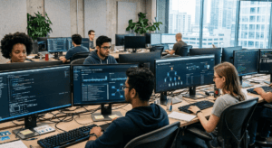 Profissionais de tecnologia sentados em frente a monitores, programando e analisando sistemas em um escritório moderno, com ênfase em processos ligados ao DNS (Domain Name System).