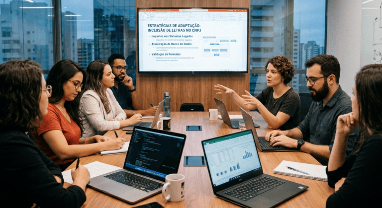 Profissionais reunidos em sala de reunião com notebooks abertos, analisando dados e discutindo como adaptar os sistemas corporativos à possível inclusão de letras no CNPJ.