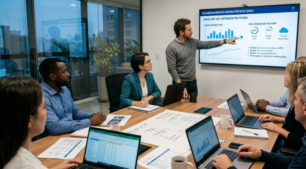 Equipe reunida em uma sessão de planejamento estratégico, analisando dados e recursos de infraestrutura, como VPS, para seus projetos.
