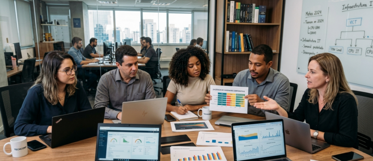 Profissionais colaborando em equipe com notebooks e gráficos sobre a mesa, representando o uso de hardware no ambiente corporativo.