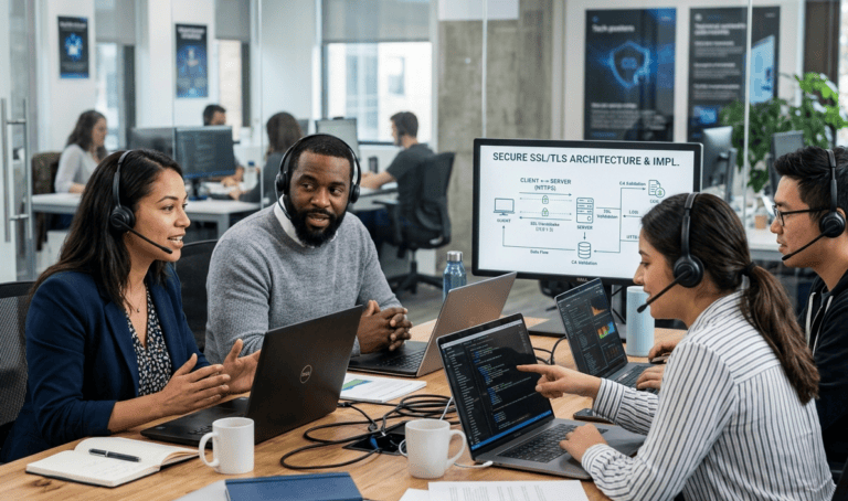 Quatro profissionais de tecnologia reunidos em um ambiente corporativo, usando headsets e laptops, colaborando sobre soluções de segurança digital com foco em SSL (Secure Sockets Layer).