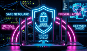 Roteador com quatro antenas iluminado por luzes neon azul e rosa, representando segurança de rede e firewall.