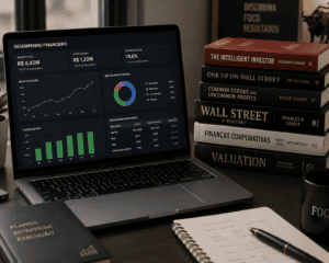 Notebook com gráficos de desempenho financeiro ao lado de livros sobre Wall Street e finanças corporativas.