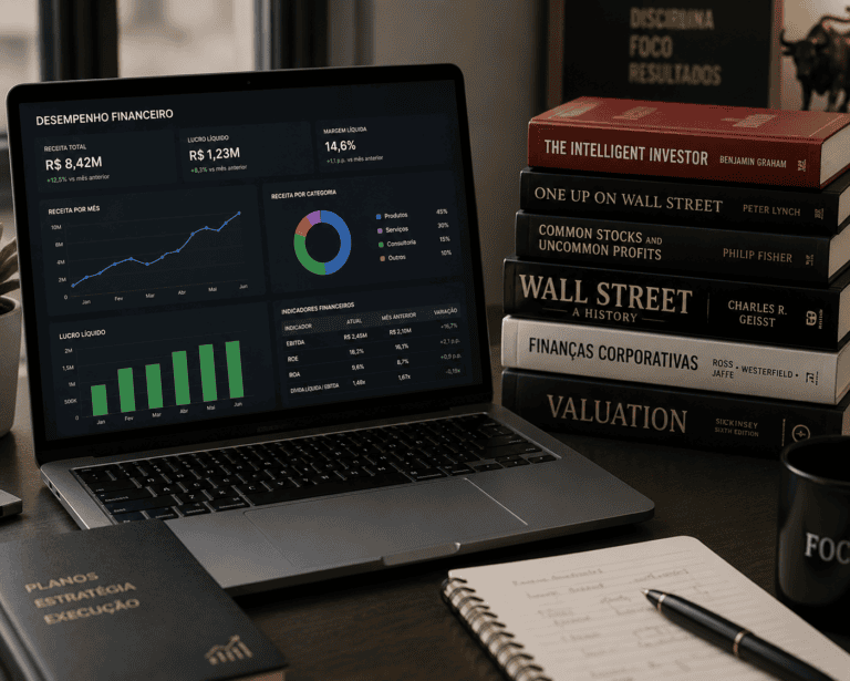 Notebook com gráficos de desempenho financeiro ao lado de livros sobre Wall Street e finanças corporativas.