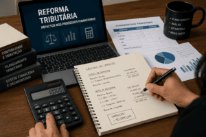 Pessoa fazendo cálculos manuais com caderno e calculadora, representando impacto da reforma tributária nos processos financeiros.