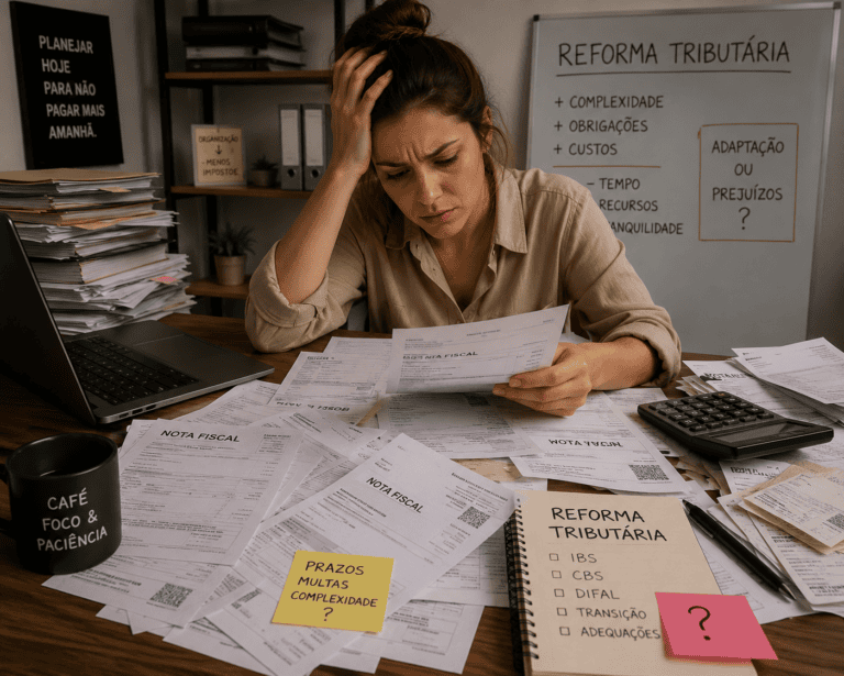 Mulher frustrada observa documentos fiscais desorganizados sobre a mesa, evidenciando dificuldades com a reforma tributária.