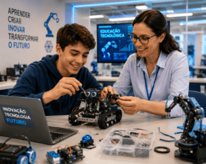 Aluno sorridente e professora trabalham juntos em um laboratório educacional moderno, montando um robô sobre uma mesa repleta de componentes eletrônicos, ferramentas e kits de robótica. Ao fundo, telas digitais e elementos tecnológicos reforçam o ambiente de inovação e aprendizado. A cena representa educação tecnológica, ensino prático, colaboração entre professor e estudante e preparação para as profissões do futuro.