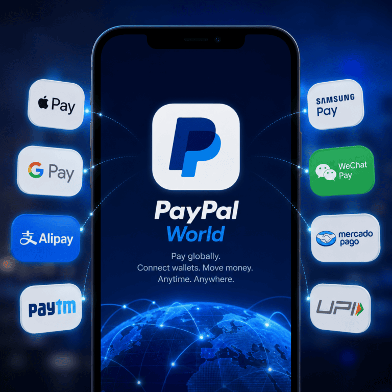 Ícone do aplicativo PayPal no celular representando o PayPal World e a integração de carteiras digitais globais para pagamentos internacionais.